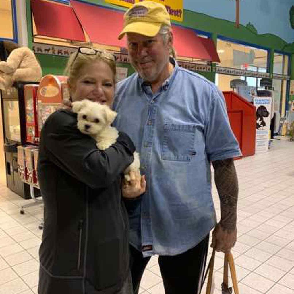 Two people holding a white puppy.